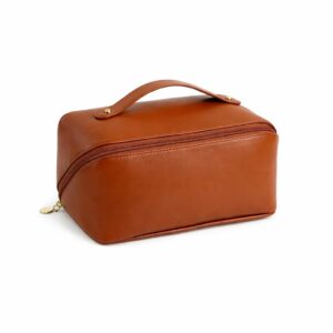 large capacity brown leather travel cosmetic bag with rectangular top handle and double zippers