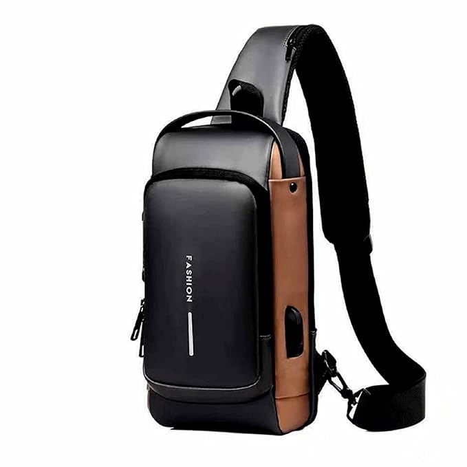 Front view of ANVOS Premium Waterproof Anti-Theft Sling Bag for Men in black color with USB charging port on a pure white background.