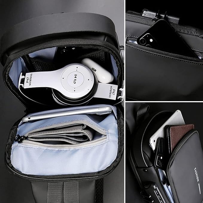 Inside compartments and storage pockets of ANVOS DR-172 Anti-Theft Sling Bag