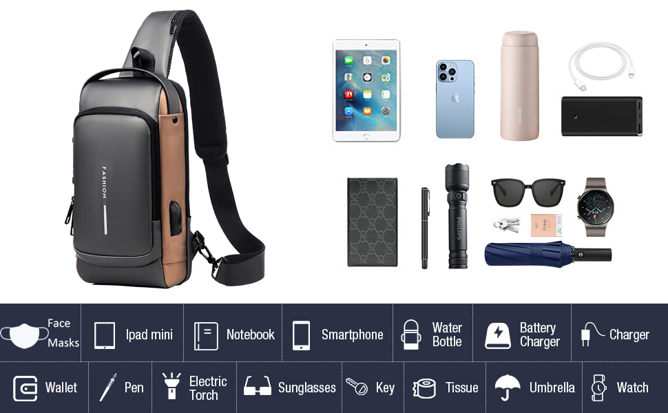 What fits inside ANVOS ANV-DR-172 multipurpose sling bag - iPad, power bank, wallet, umbrella, and daily essentials