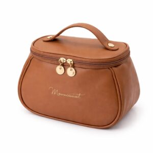 portable travel makeup bag brown leather round cosmetic organizer with handle